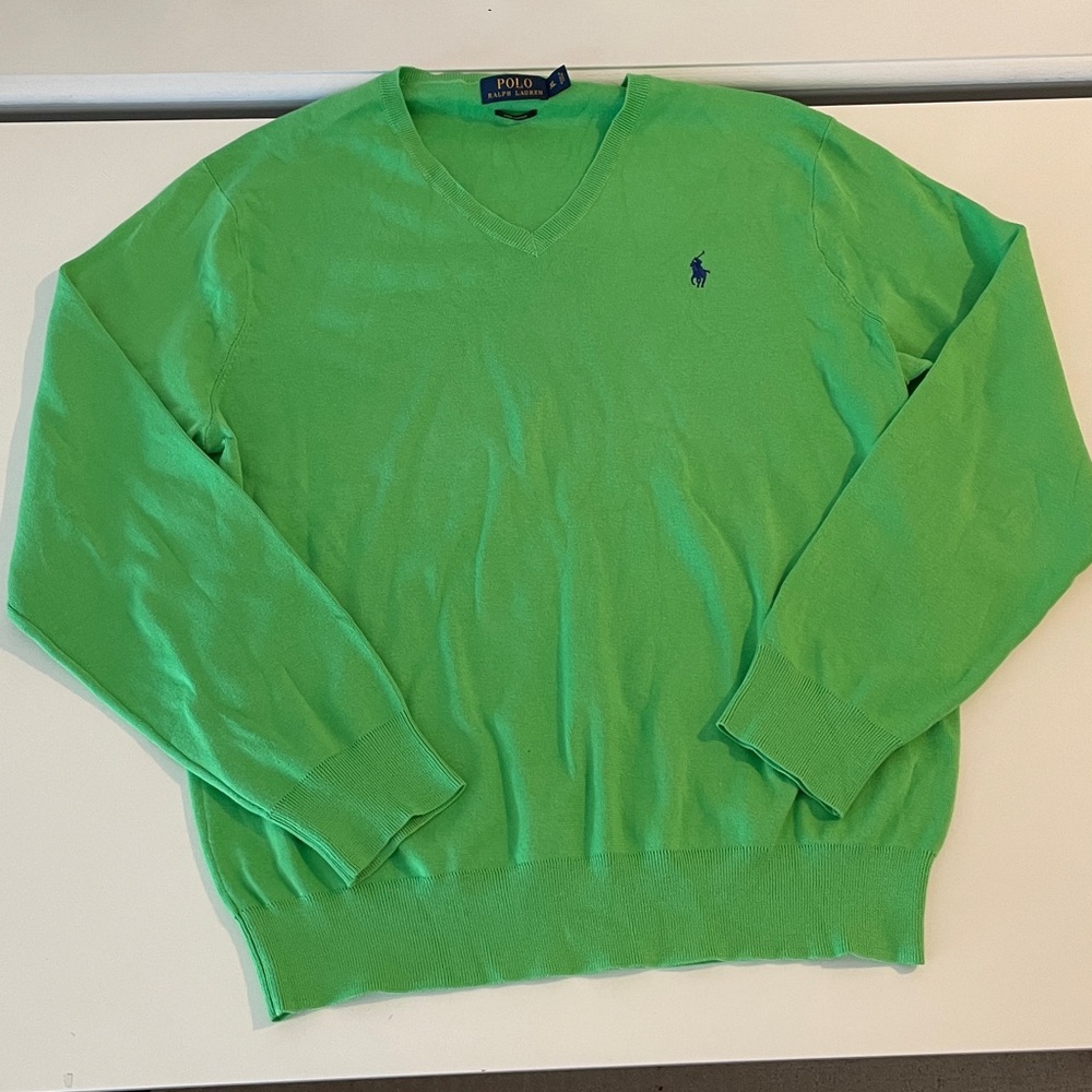 Polo Ralph Lauren V-Neck Pima Cotton Sweater Bright Green Blue Pony Size XL